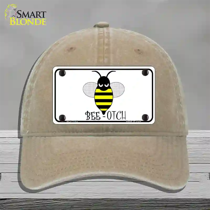 Bee-otch Novelty License Plate Hat Unconstructed Cotton / Khaki