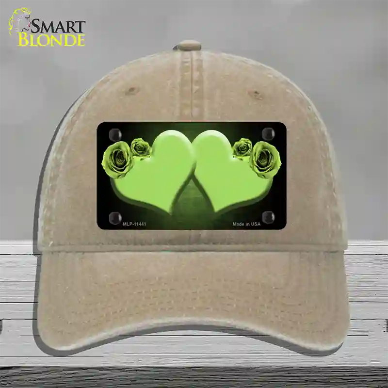 Hearts Over Roses In Lime Green Novelty License Plate Hat Unconstructed Cotton / Khaki