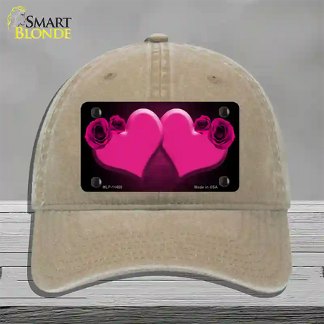 Hearts Over Roses In Pink Novelty License Plate Hat Unconstructed Cotton / Khaki