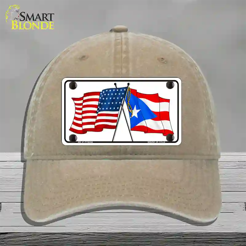 Puerto Rico Crossed US Flag Novelty License Plate Hat Unconstructed Cotton / Khaki