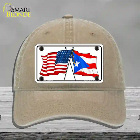 Puerto Rico Crossed US Flag Novelty License Plate Hat Unconstructed Cotton / Khaki