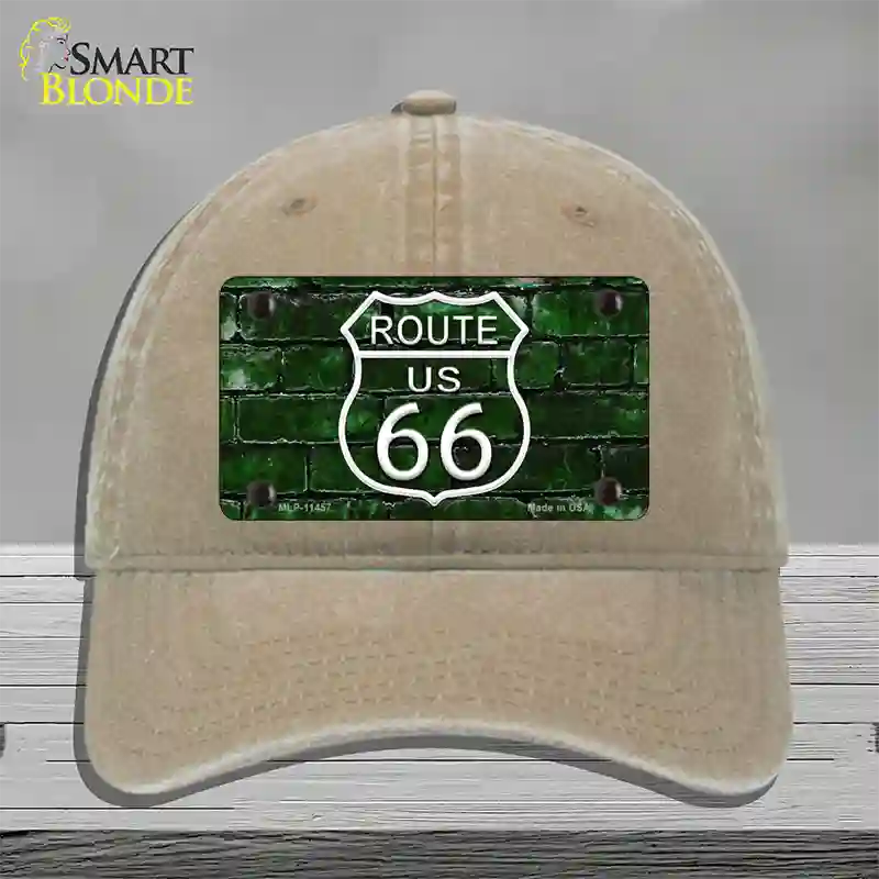 Route 66 Green Brick Wall Novelty License Plate Hat Unconstructed Cotton / Khaki