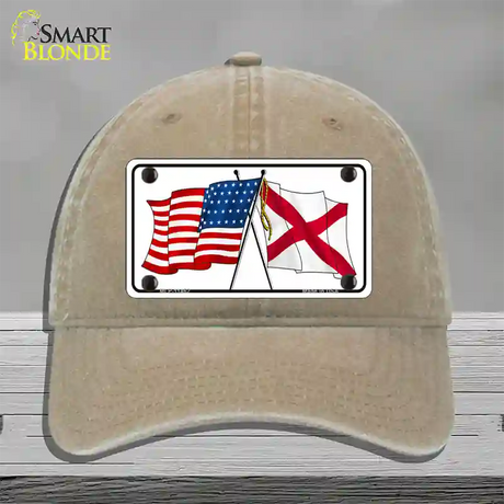 Alabama Crossed US Flag Novelty License Plate Hat Unconstructed Cotton / Khaki