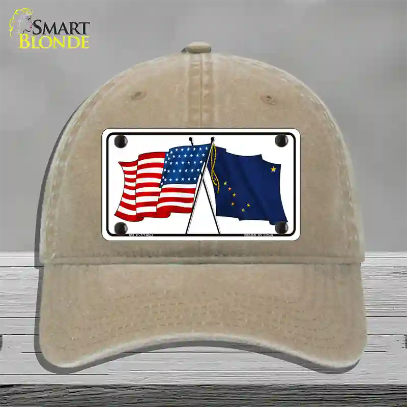 Alaska Crossed US Flag Novelty License Plate Hat Unconstructed Cotton / Khaki