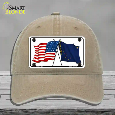 Alaska Crossed US Flag Novelty License Plate Hat Unconstructed Cotton / Khaki