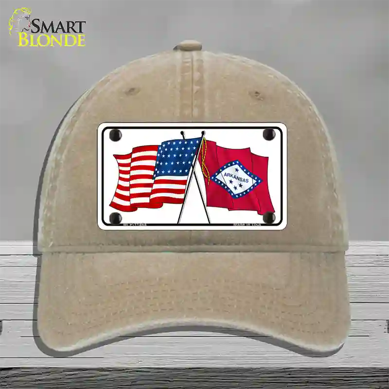 Arkansas Crossed US Flag Novelty License Plate Hat Unconstructed Cotton / Khaki