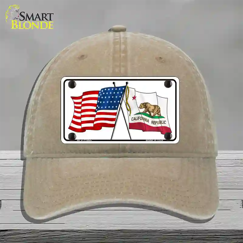 California Crossed US Flag Novelty License Plate Hat Unconstructed Cotton / Khaki