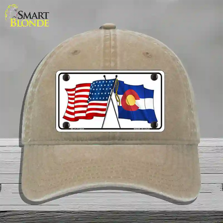 Colorado Crossed US Flag Novelty License Plate Hat Unconstructed Cotton / Khaki