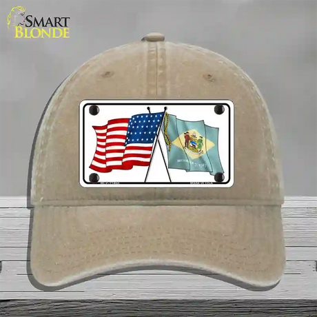 Delaware Crossed US Flag Novelty License Plate Hat Unconstructed Cotton / Khaki