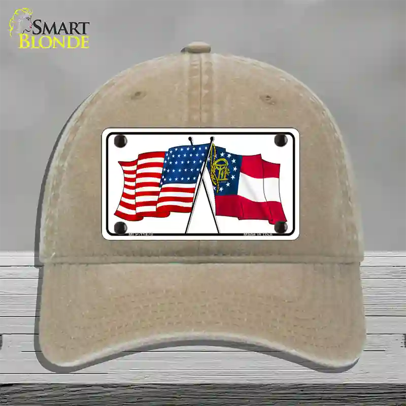 Georgia Crossed US Flag Novelty License Plate Hat Unconstructed Cotton / Khaki