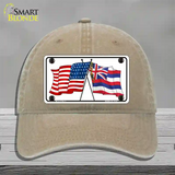 Hawaii Crossed US Flag Novelty License Plate Hat Unconstructed Cotton / Khaki