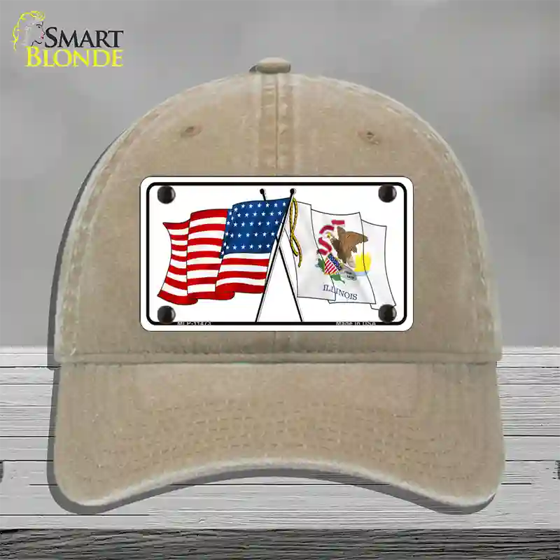 Illinois Crossed US Flag Novelty License Plate Hat Unconstructed Cotton / Khaki