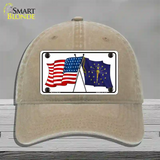 Indiana Crossed US Flag Novelty License Plate Hat Unconstructed Cotton / Khaki