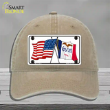 Iowa Crossed US Flag Novelty License Plate Hat Unconstructed Cotton / Khaki