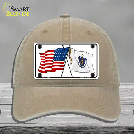 Massachusetts Crossed US Flag Novelty License Plate Hat Unconstructed Cotton / Khaki