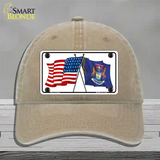 Michigan Crossed US Flag Novelty License Plate Hat Unconstructed Cotton / Khaki