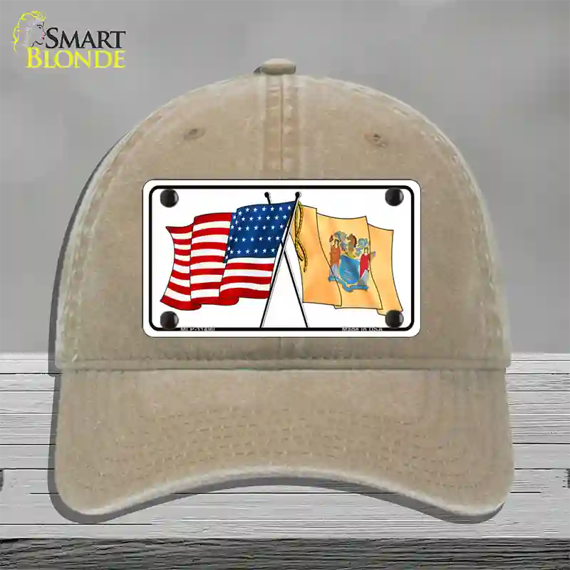 New Jersey Crossed US Flag Novelty License Plate Hat Unconstructed Cotton / Khaki