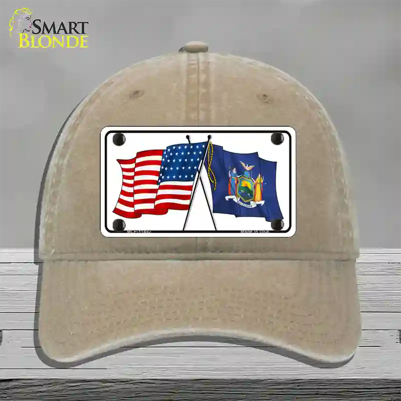 New York Crossed US Flag Novelty License Plate Hat Unconstructed Cotton / Khaki