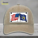 New York Crossed US Flag Novelty License Plate Hat Unconstructed Cotton / Khaki