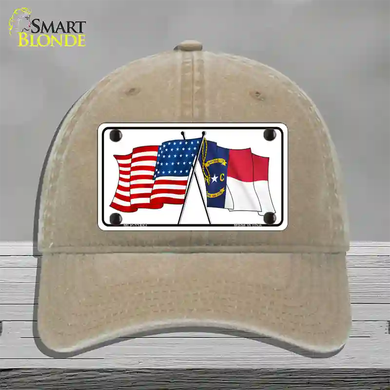 North Carolina Crossed US Flag Novelty License Plate Hat Unconstructed Cotton / Khaki