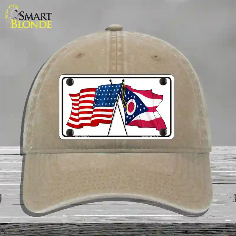 Ohio Crossed US Flag Novelty License Plate Hat Unconstructed Cotton / Khaki