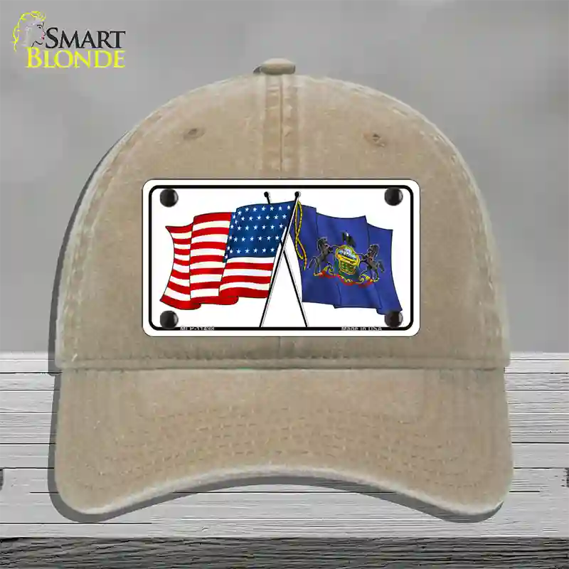 Pennsylvania Crossed US Flag Novelty License Plate Hat Unconstructed Cotton / Khaki