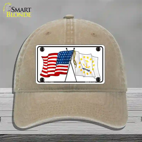 Rhode Island Crossed US Flag Novelty License Plate Hat Unconstructed Cotton / Khaki