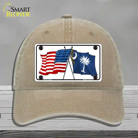 South Carolina Crossed US Flag Novelty License Plate Hat Unconstructed Cotton / Khaki