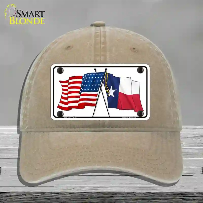 Texas Crossed US Flag Novelty License Plate Hat Unconstructed Cotton / Khaki