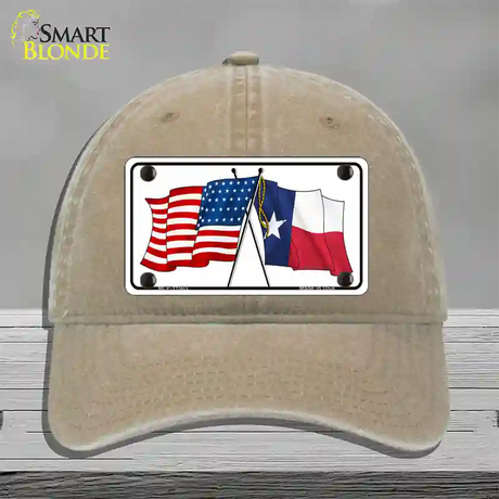 Texas Crossed US Flag Novelty License Plate Hat Unconstructed Cotton / Khaki