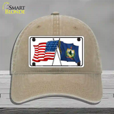 Vermont Crossed US Flag Novelty License Plate Hat Unconstructed Cotton / Khaki