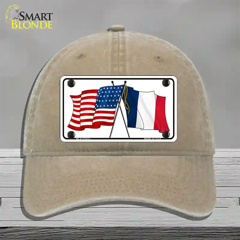 France Crossed US Flag Novelty License Plate Hat Unconstructed Cotton / Khaki