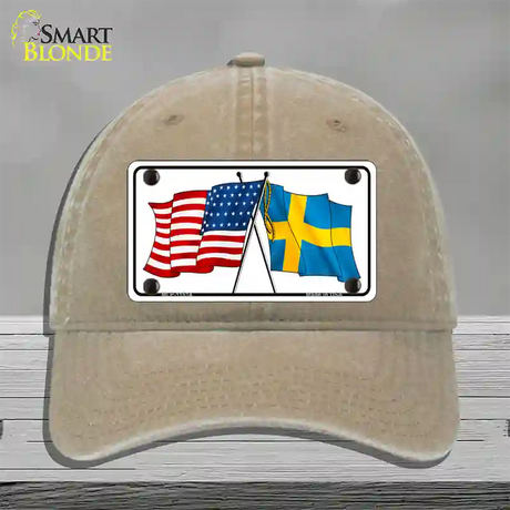 Sweden Crossed US Flag Novelty License Plate Hat Unconstructed Cotton / Khaki