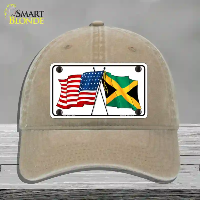 Jamaica Crossed US Flag Novelty License Plate Hat Unconstructed Cotton / Khaki