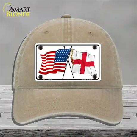 England Crossed US Flag Novelty License Plate Hat Unconstructed Cotton / Khaki