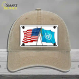 United Nation Crossed US Flag Novelty License Plate Hat Unconstructed Cotton / Khaki