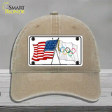 Olympic Crossed US Flag Novelty License Plate Hat Unconstructed Cotton / Khaki