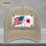 Japan Crossed US Flag Novelty License Plate Hat Unconstructed Cotton / Khaki