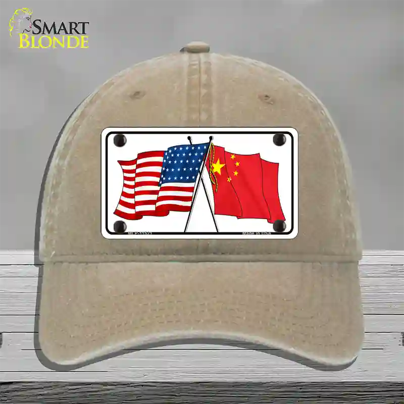 China Crossed US Flag Novelty License Plate Hat Unconstructed Cotton / Khaki