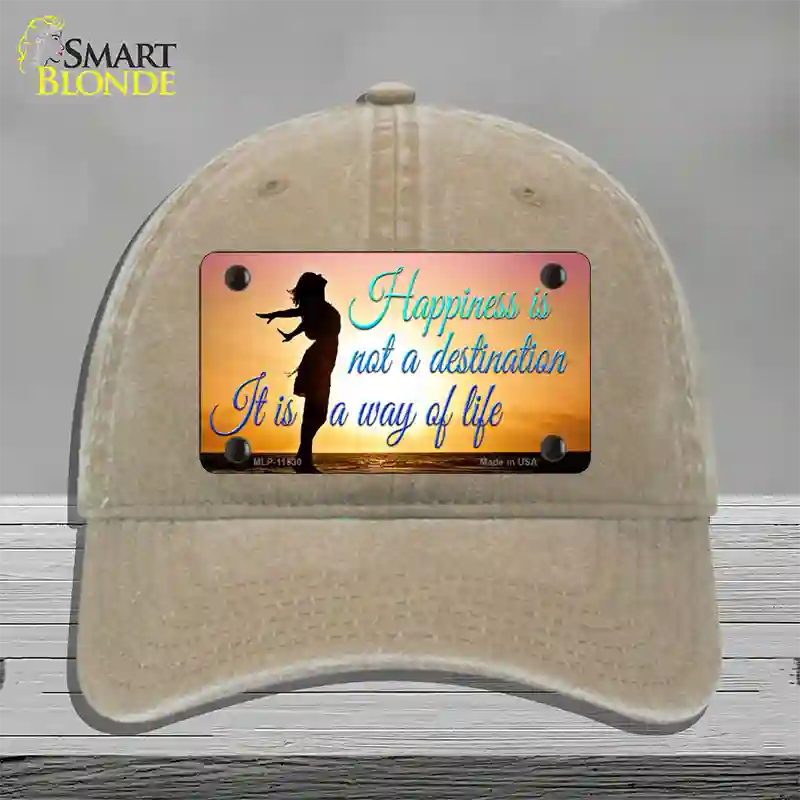 Happiness Way Of Life Sunset Novelty License Plate Hat Unconstructed Cotton / Khaki