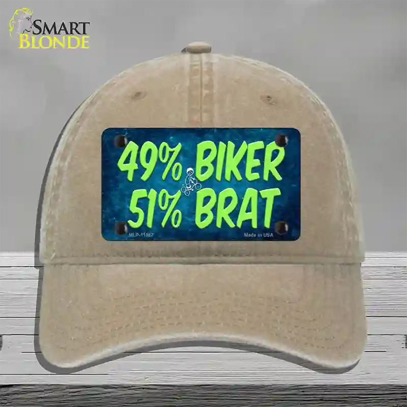 49% Biker 51% Brat Novelty License Plate Hat Unconstructed Cotton / Khaki