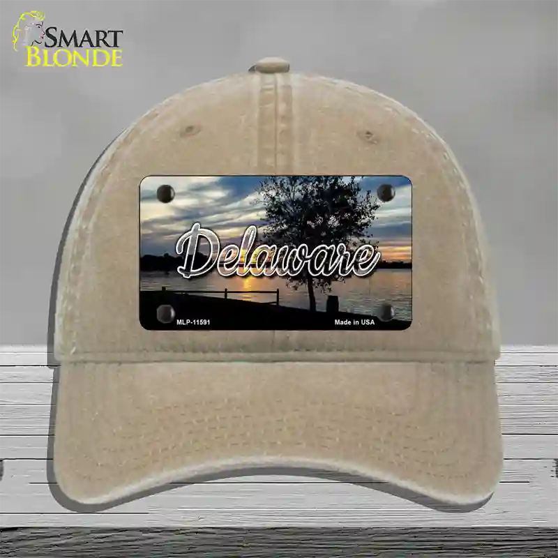 Delaware River Sunset State Novelty License Plate Hat Unconstructed Cotton / Khaki