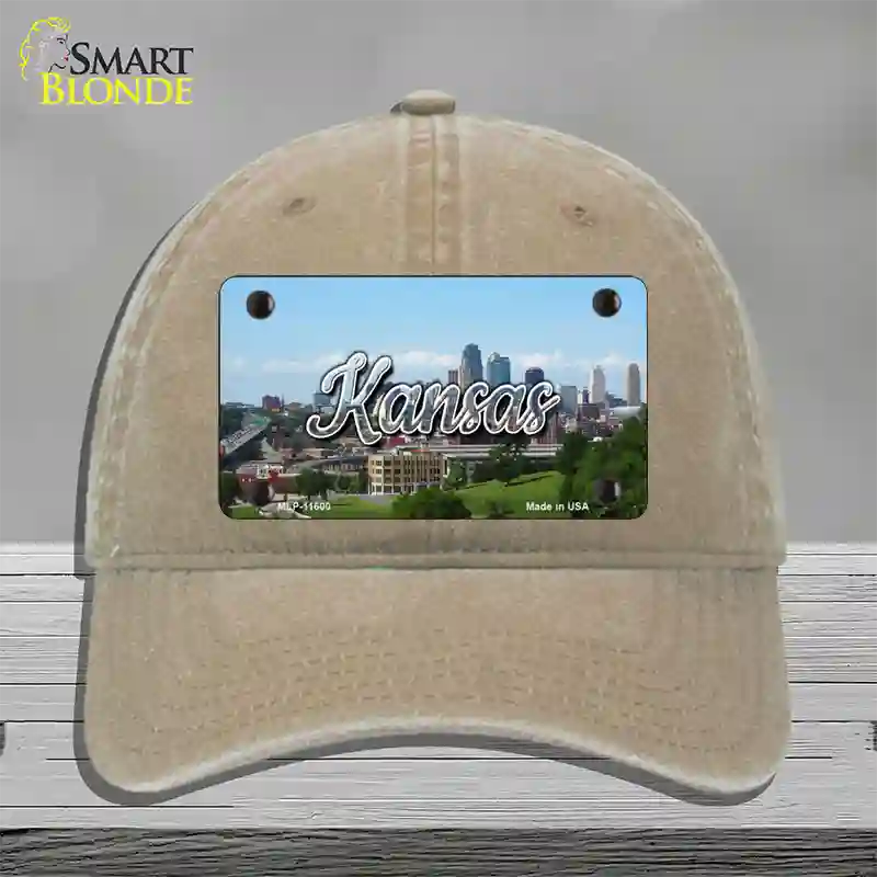 Kansas Downtown Skyline State Novelty License Plate Hat Unconstructed Cotton / Khaki