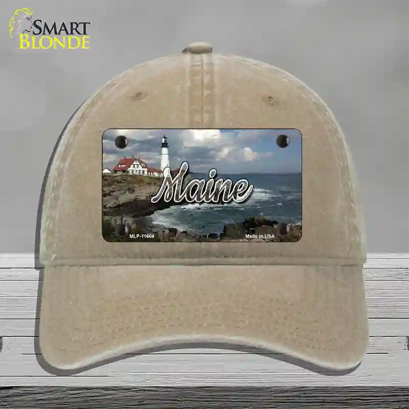 Maine Lighthouse Beach State Novelty License Plate Hat Unconstructed Cotton / Khaki