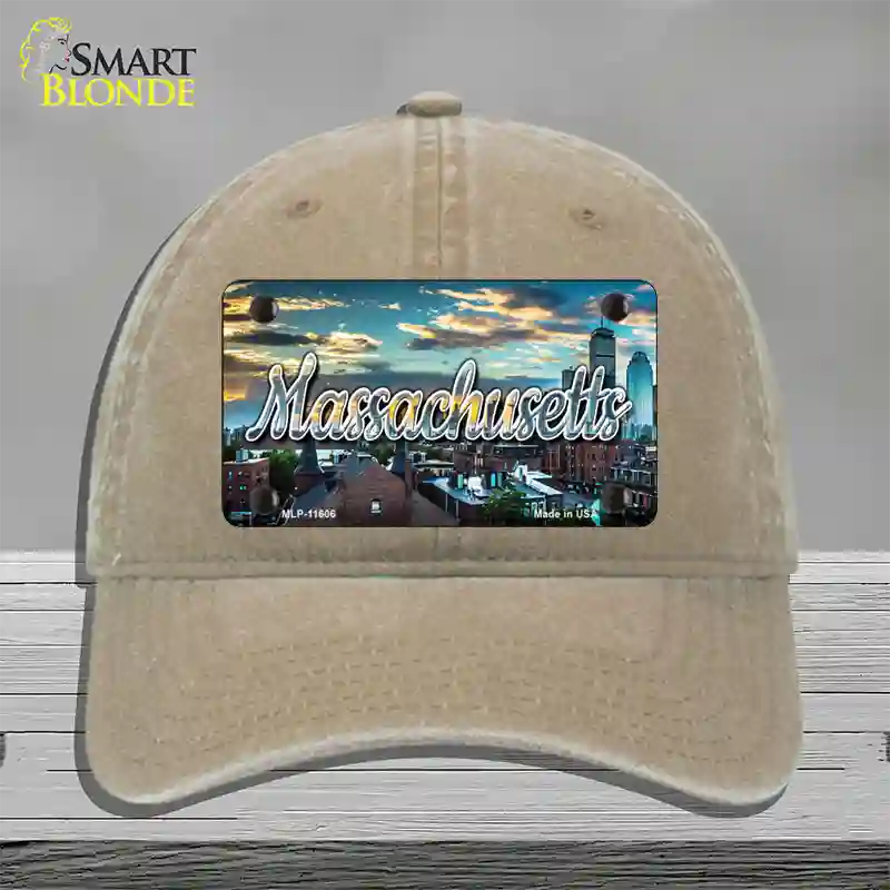 Massachusetts Sunset Skyline State Novelty License Plate Hat Unconstructed Cotton / Khaki