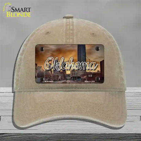 Oklahoma Sunset Skyline State Novelty License Plate Hat Unconstructed Cotton / Khaki