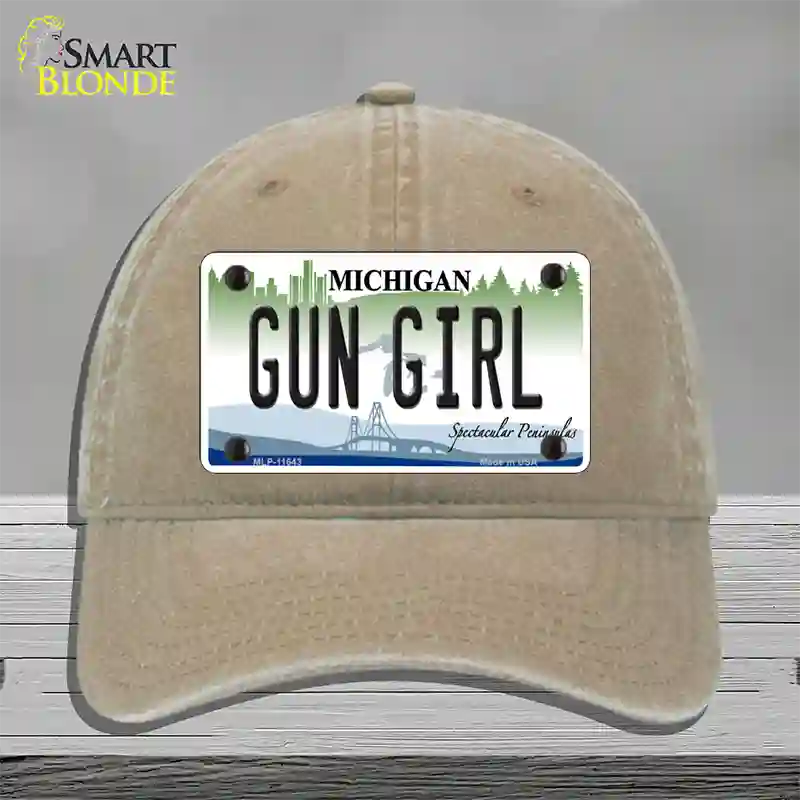 Gun Girl Michigan Novelty License Plate Hat Unconstructed Cotton / Khaki