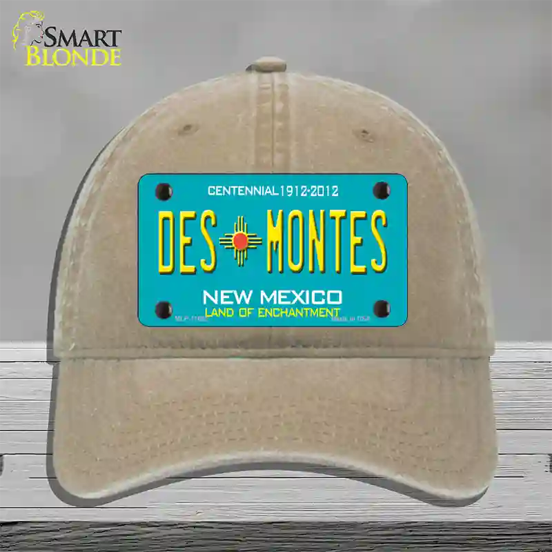 Des Montes Teal New Mexico Novelty License Plate Hat Unconstructed Cotton / Khaki