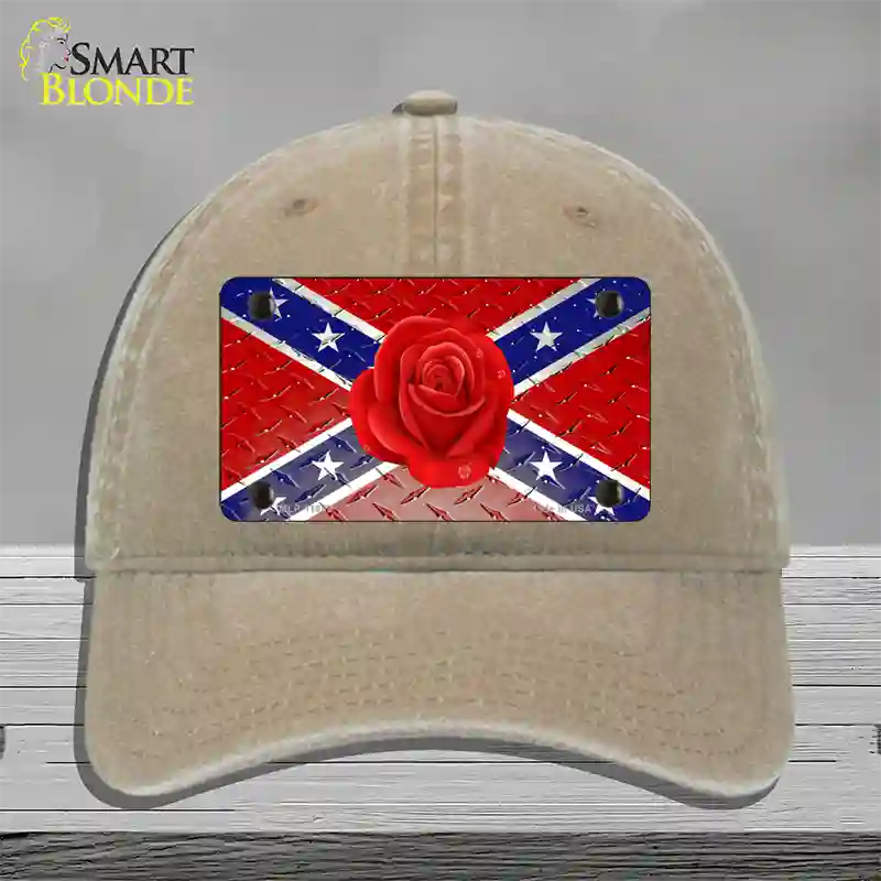 Confederate Flag With Red Rose Novelty License Plate Hat Unconstructed Cotton / Khaki