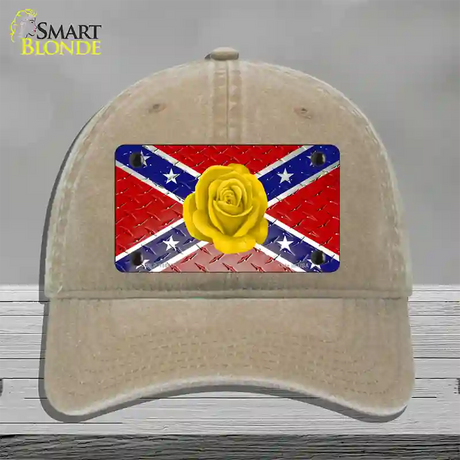 Confederate Flag With Yellow Rose Novelty License Plate Hat Unconstructed Cotton / Khaki